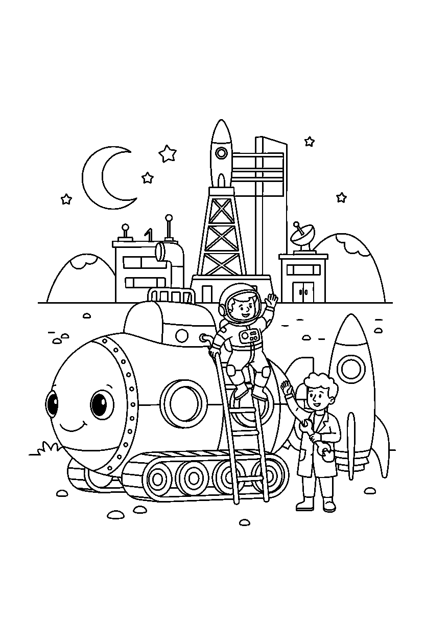 submarine helping a person at a space center line art