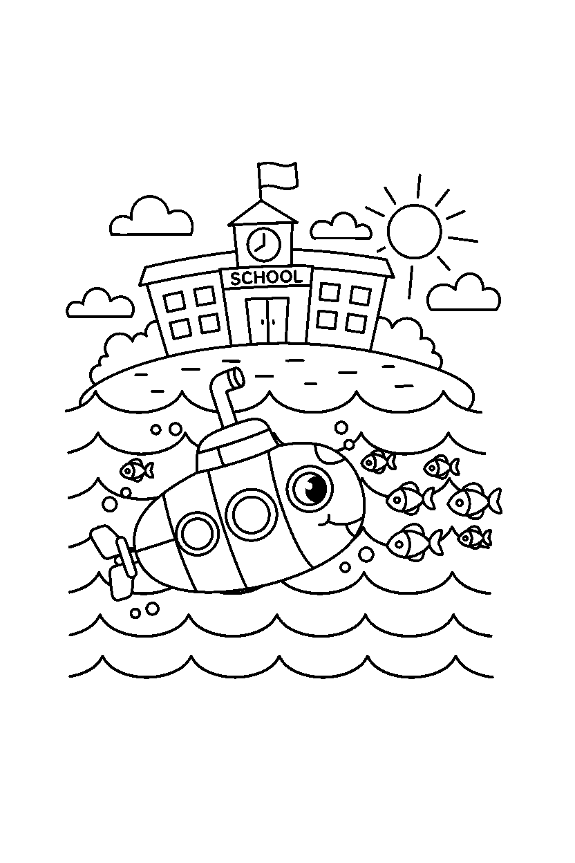submarine rolling along near a school line art
