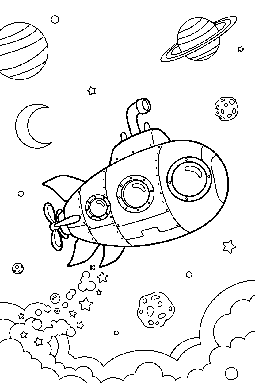 submarine starting a trip in outer space line art