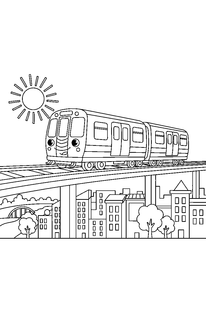 subway train driving in a cartoon city line art