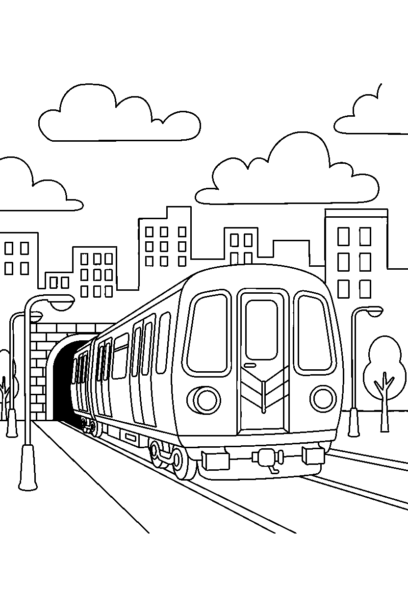 subway train ready for action on a city street line art