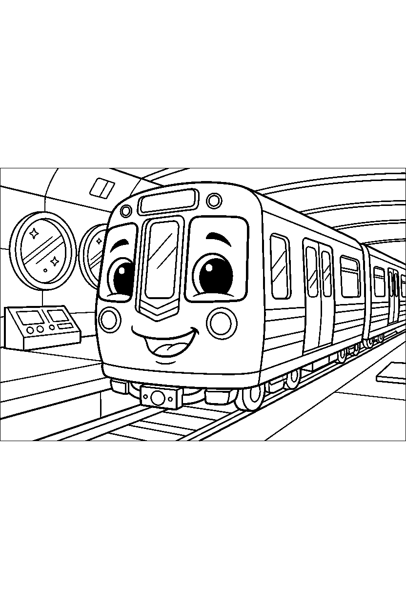 subway train smiling happily in a space station line art
