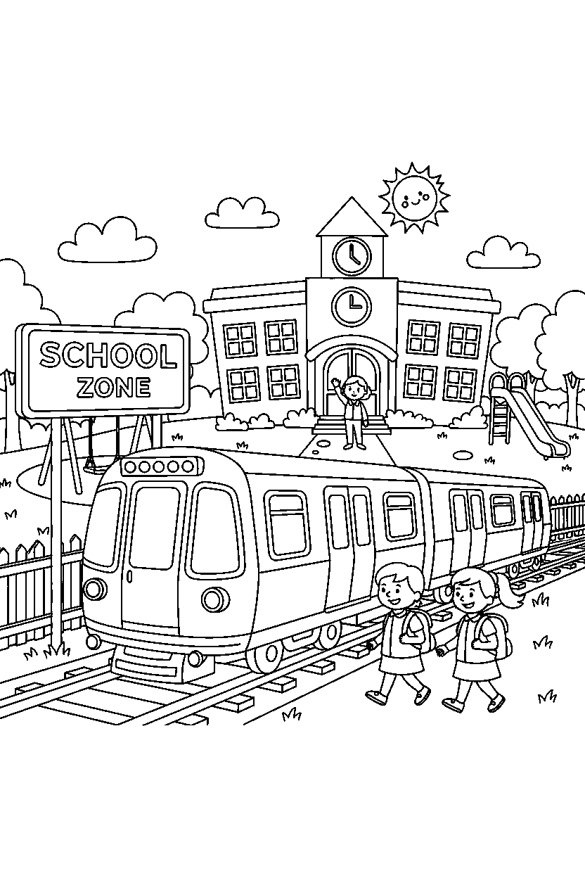 subway train stopping safely near a school line art