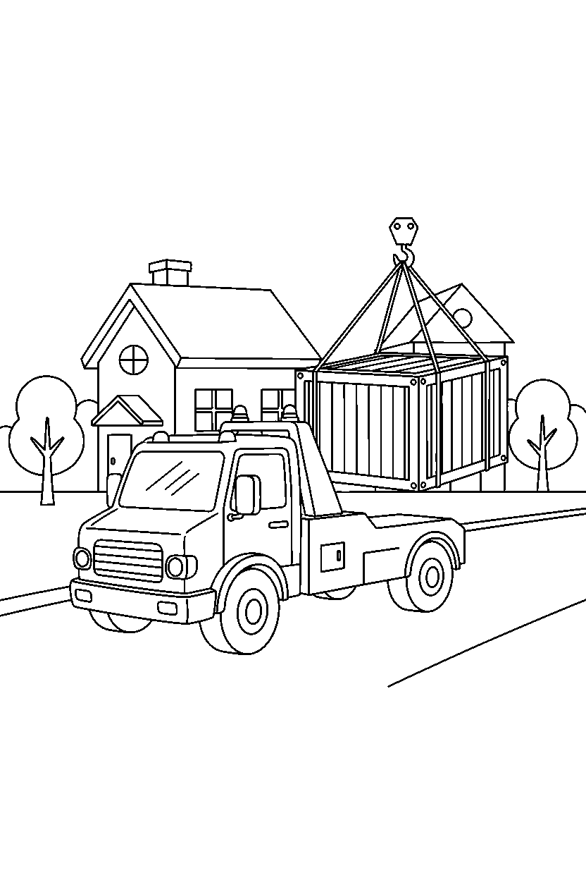 tow truck picking up cargo on a quiet neighborhood street line art