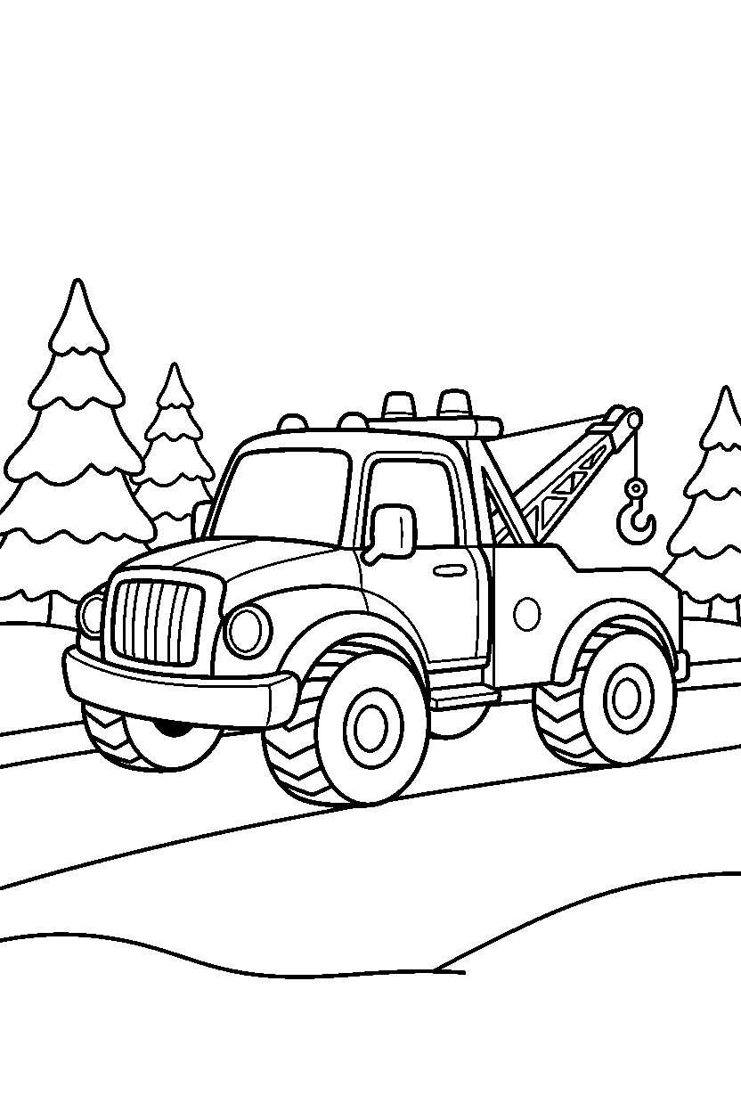 tow truck rolling on a snowy road line art