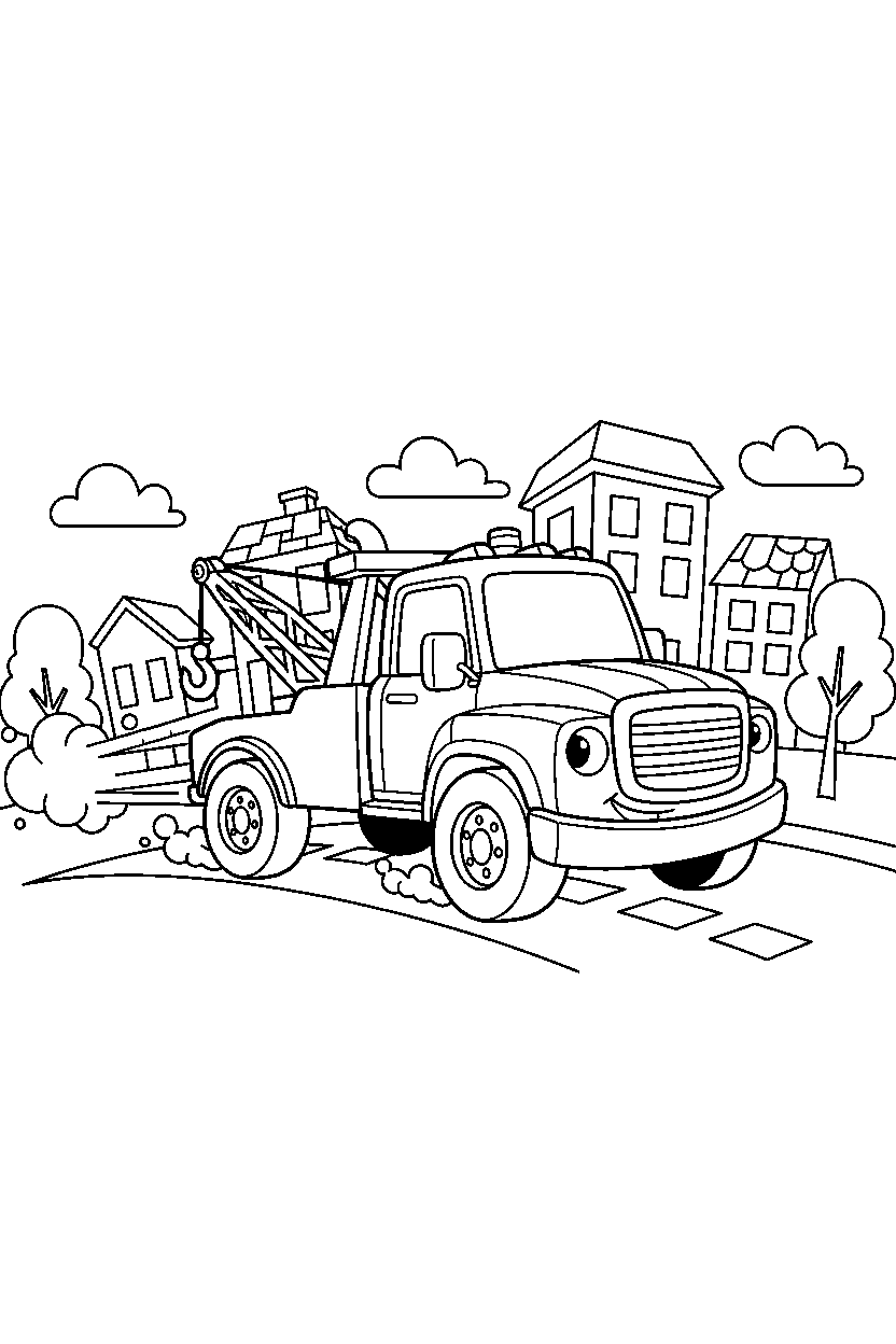 tow truck speeding up in a small town line art