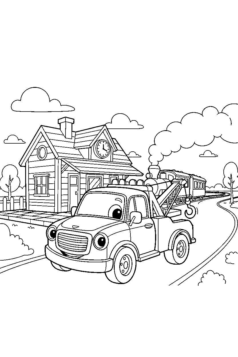 tow truck turning gently at a train station line art