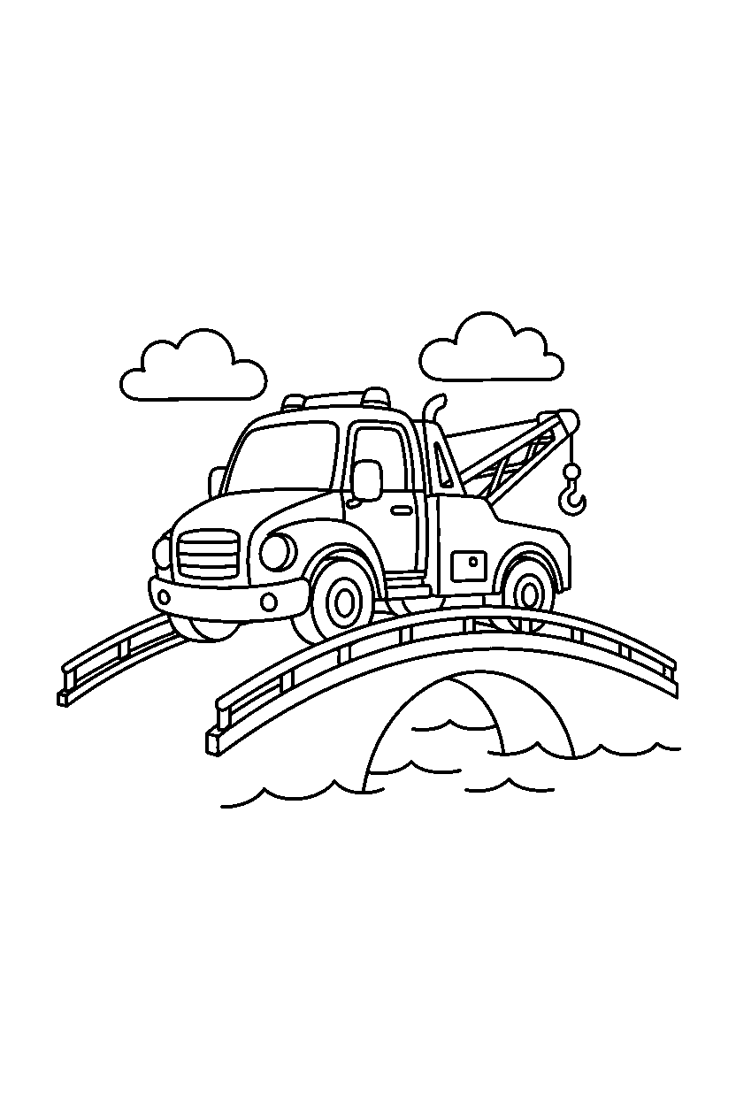 tow truck turning left on a simple bridge line art