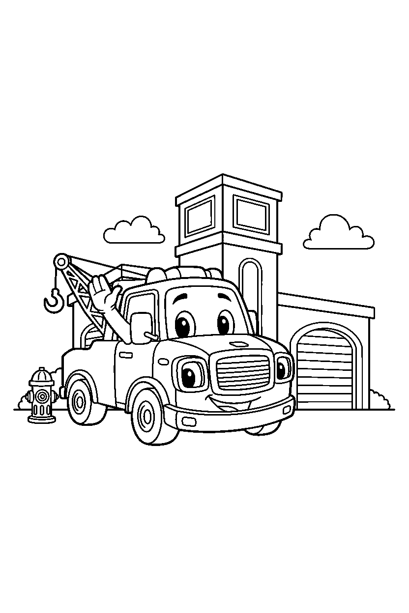 tow truck waving happily at a fire station line art