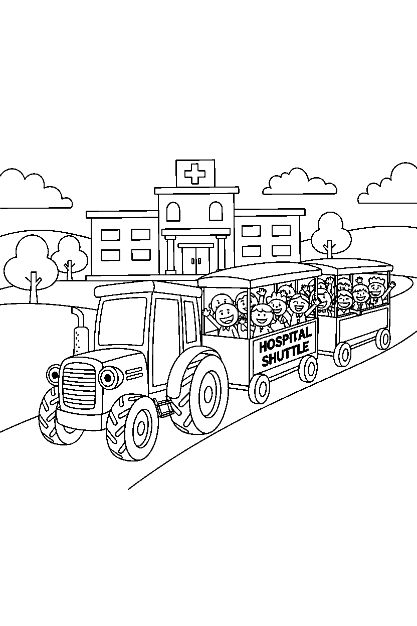 tractor carrying passengers at a hospital line art