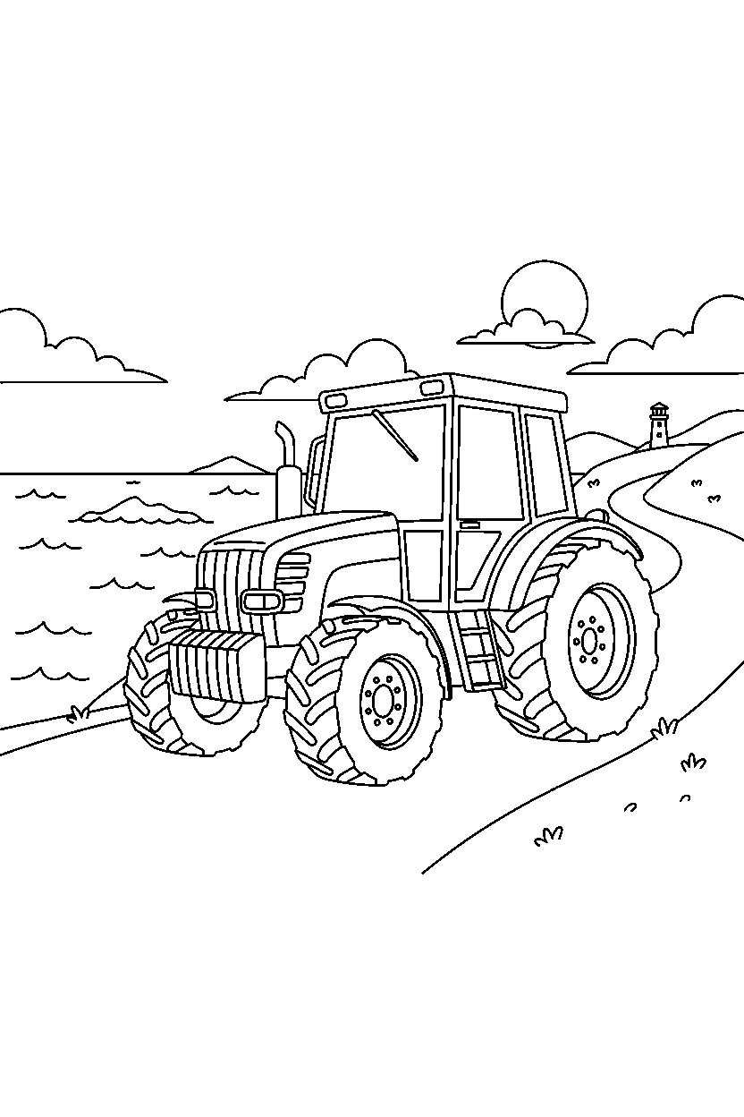 tractor standing still on a coastal road line art