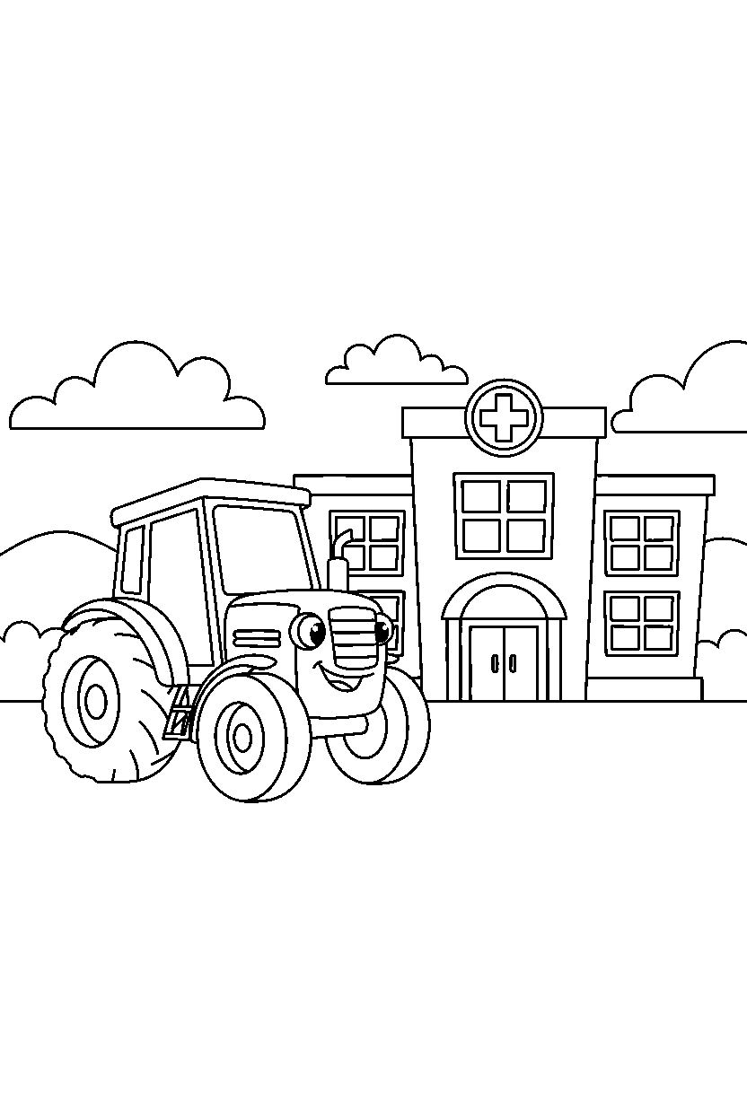 tractor turning gently at a hospital line art