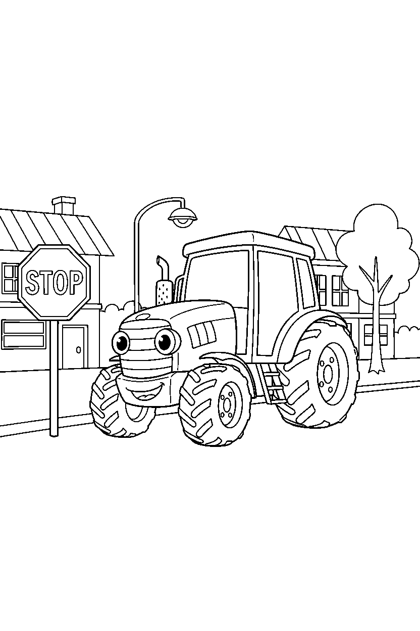 tractor waiting at a stop in a small town line art
