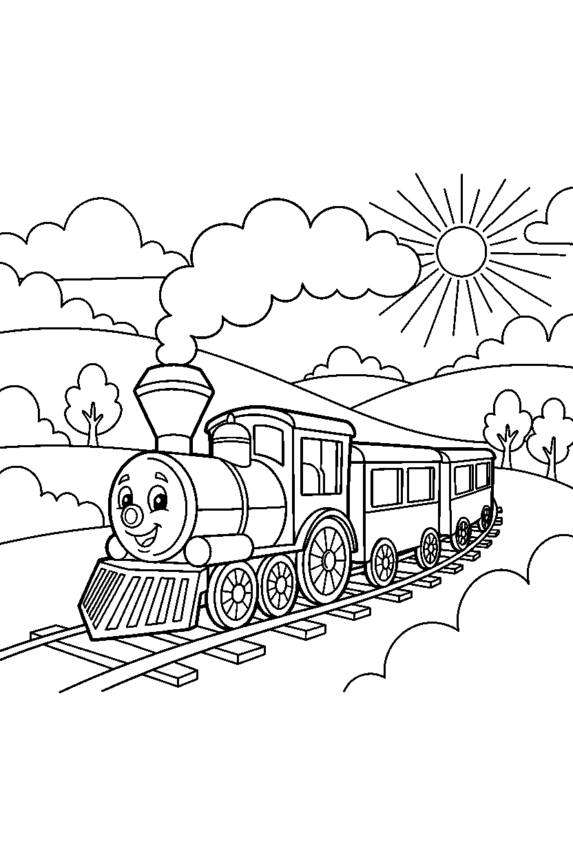 train driving in the countryside line art