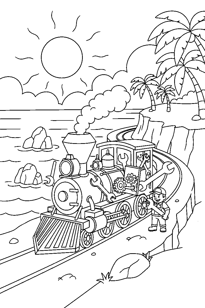train getting repaired on a coastal road line art
