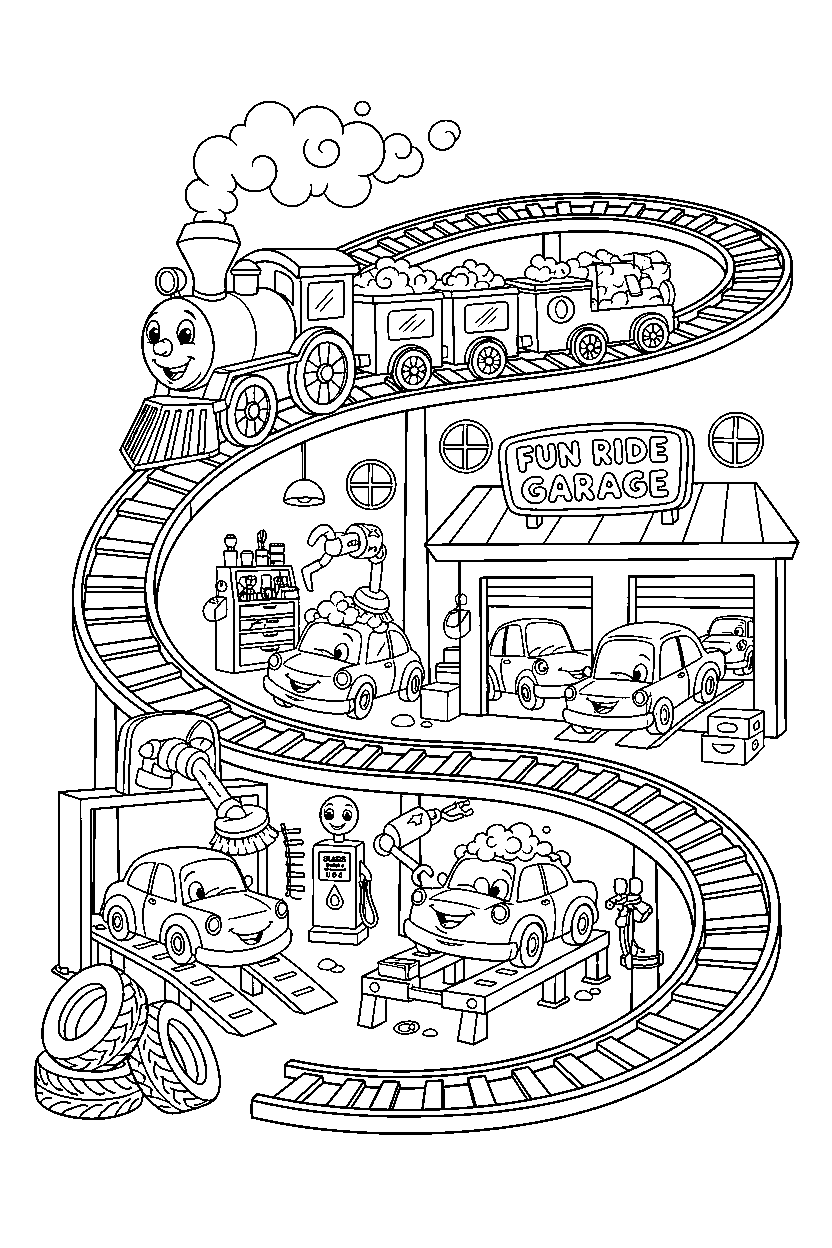 train going on a fun ride at a car garage line art