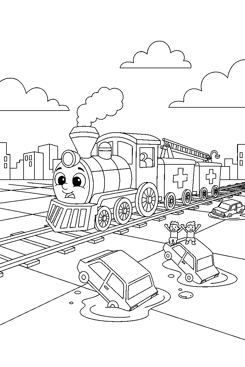 train going on a rescue mission at a parking lot line art