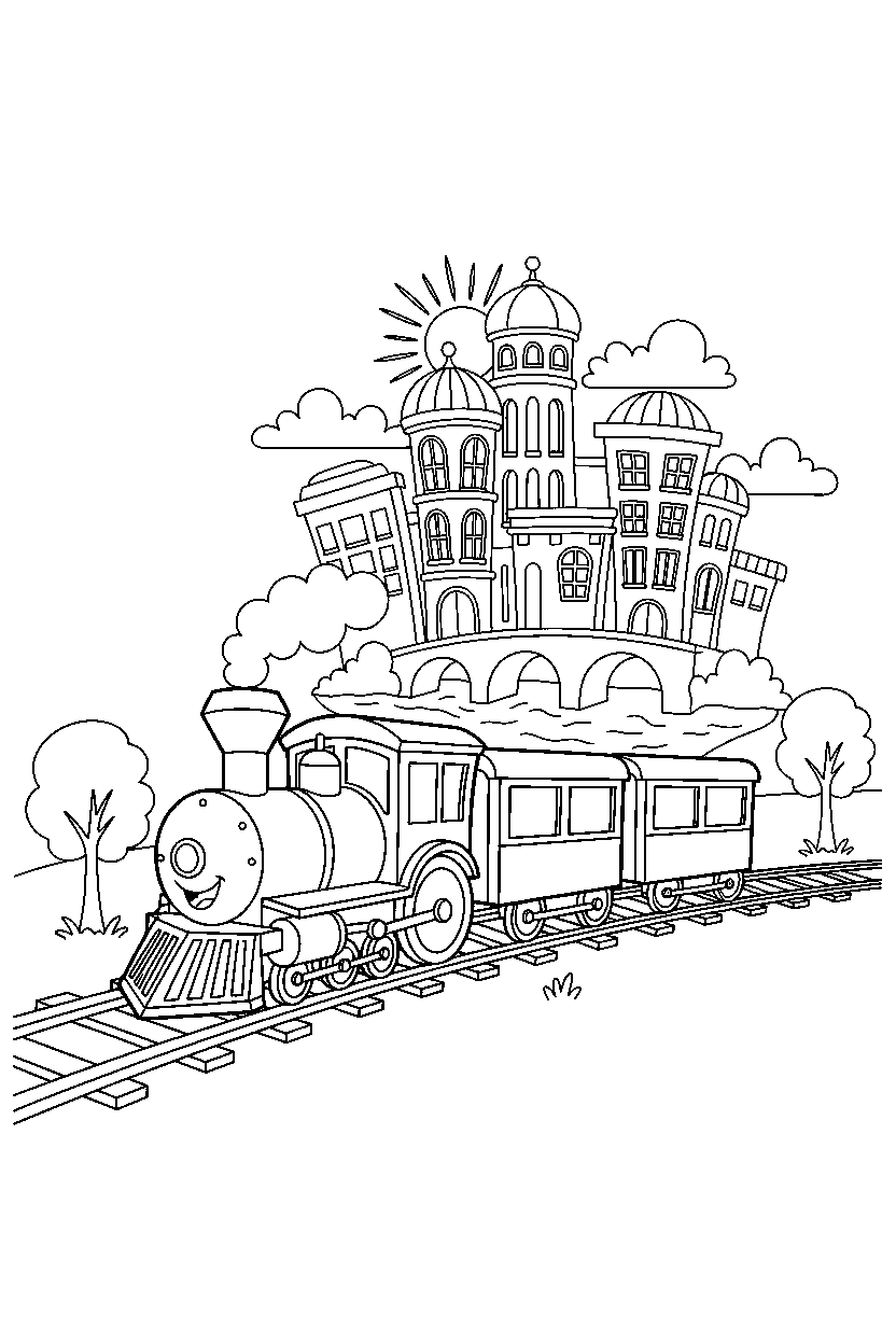 train parking in a cartoon city line art