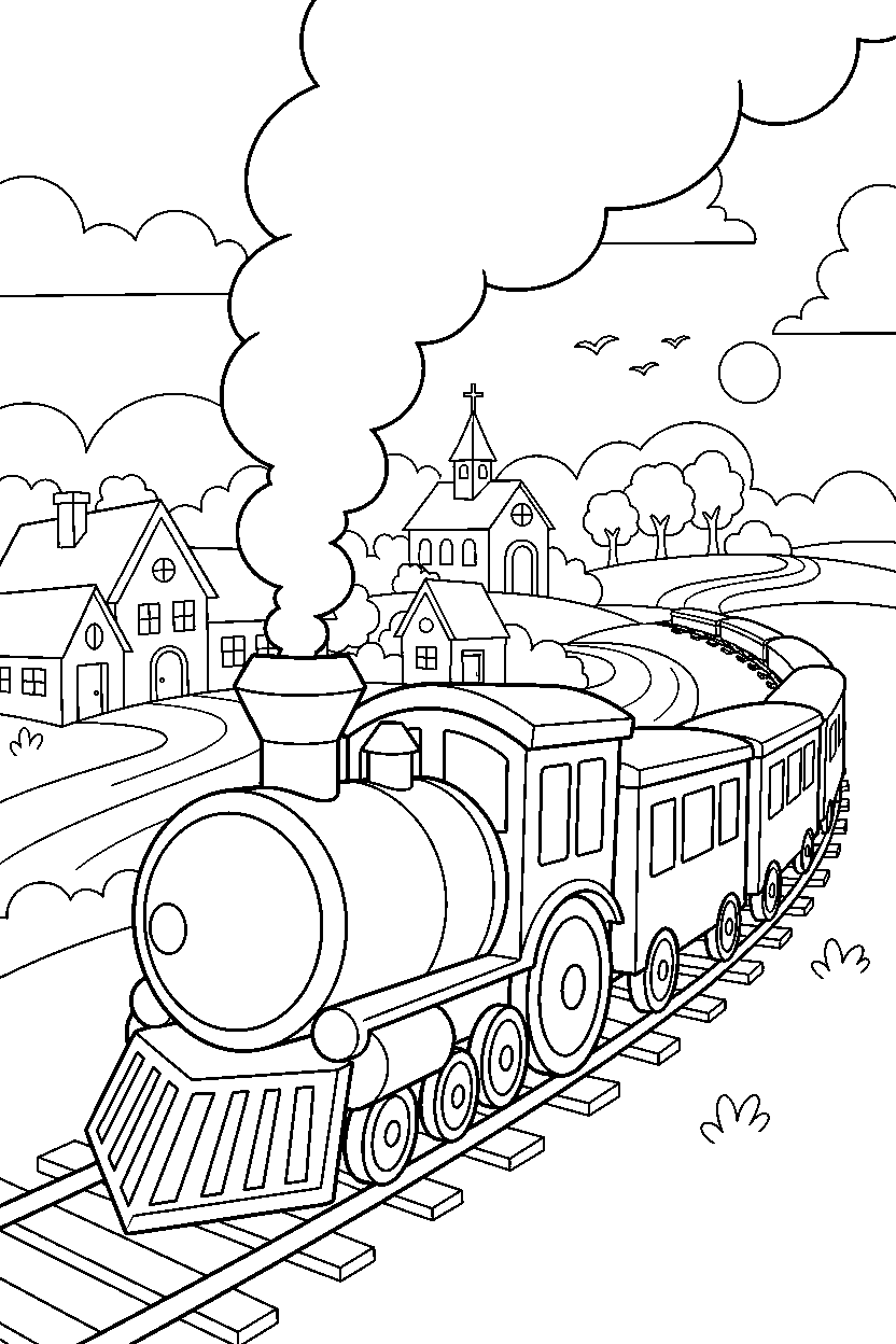 train starting a trip near a village line art