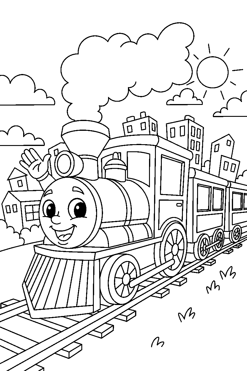 train waving happily in a cartoon city line art