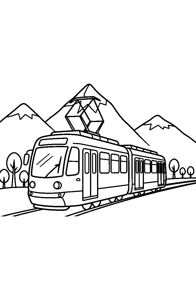 tram rolling forward near mountains line art