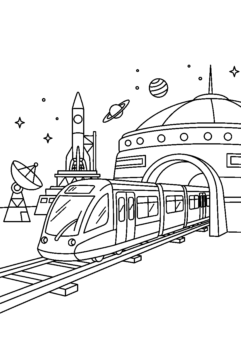 tram starting a trip at a space center line art
