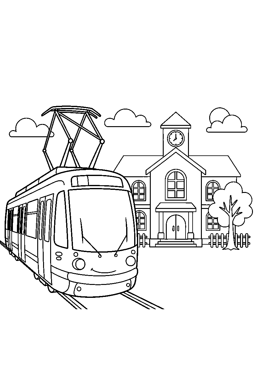tram starting a trip near a school line art
