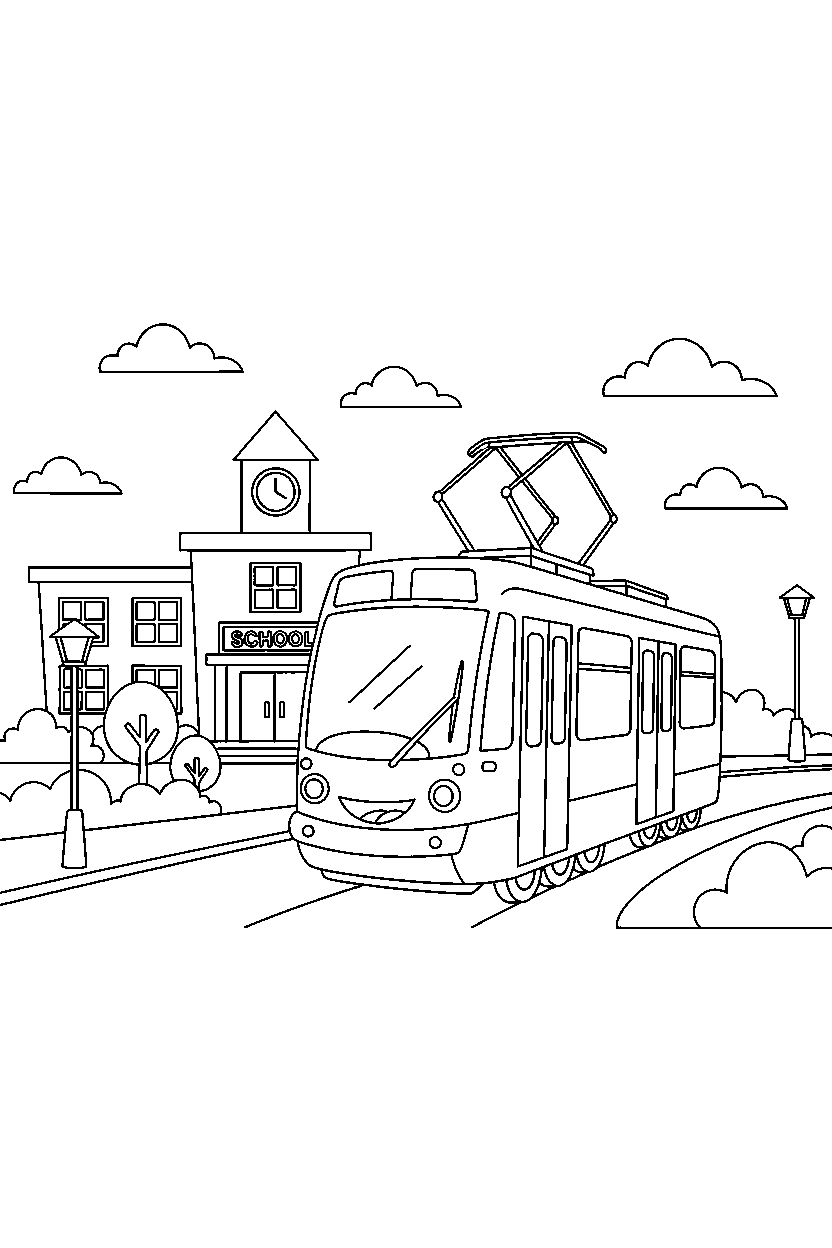 tram turning right near a school line art