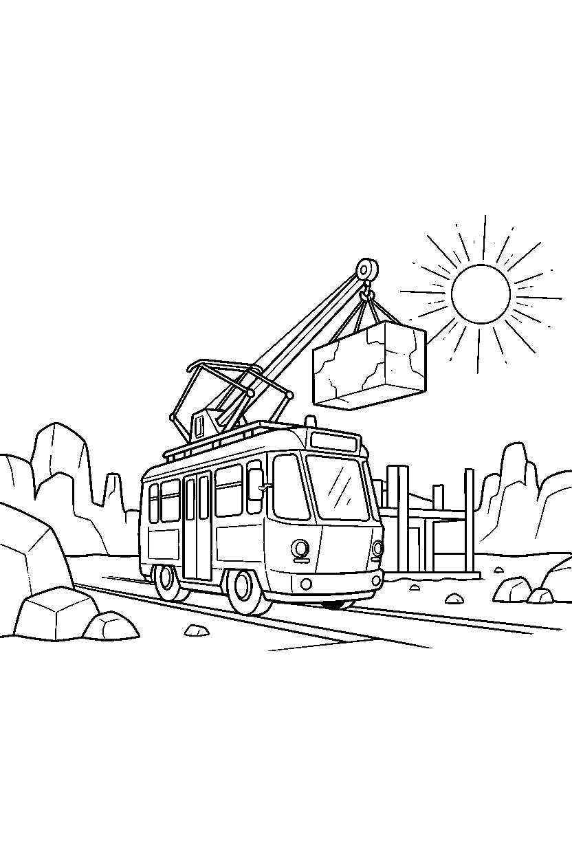 tram working at a job site in a desert line art
