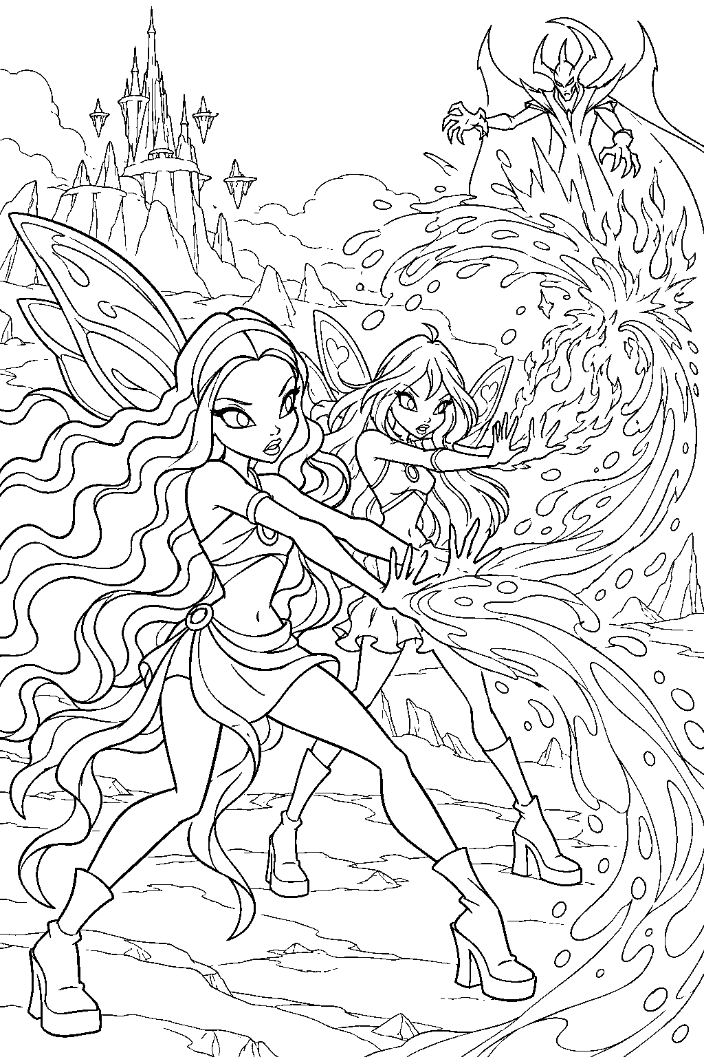 winx club aisha and bloom combining morphix and dragon flame against lord darkar line art