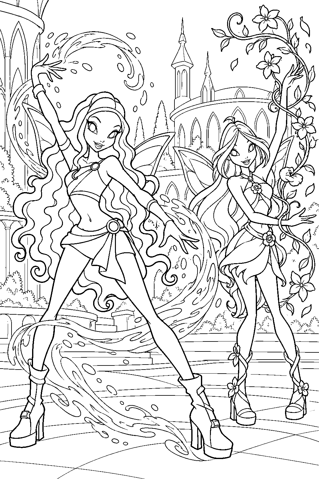 winx club aisha and flora training at alfea with water magic and flowering vines line art