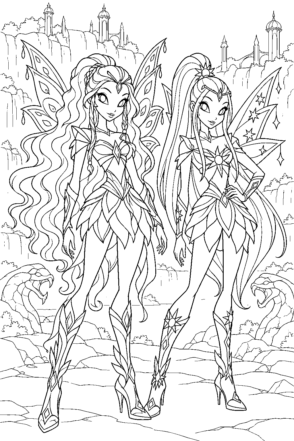 winx club aisha and stella earning bloomix beside the petrified basilisks of lynphea line art