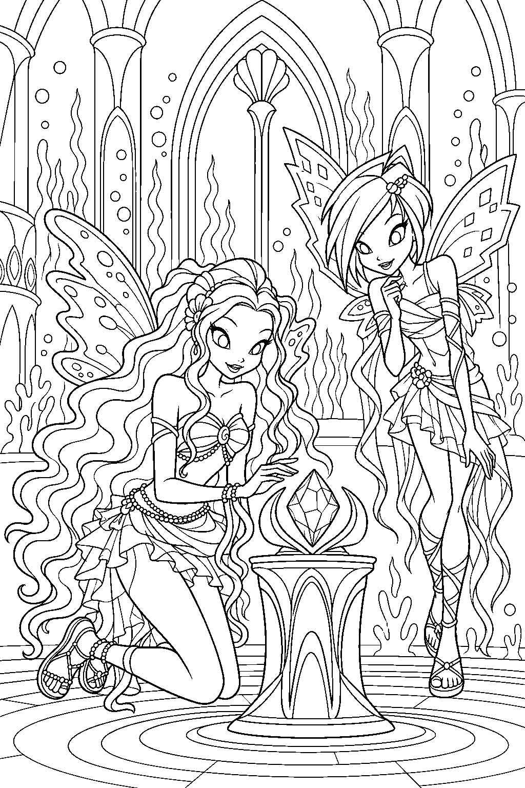 winx club aisha and tecna discovering the gem of empathy at data bridge castle line art