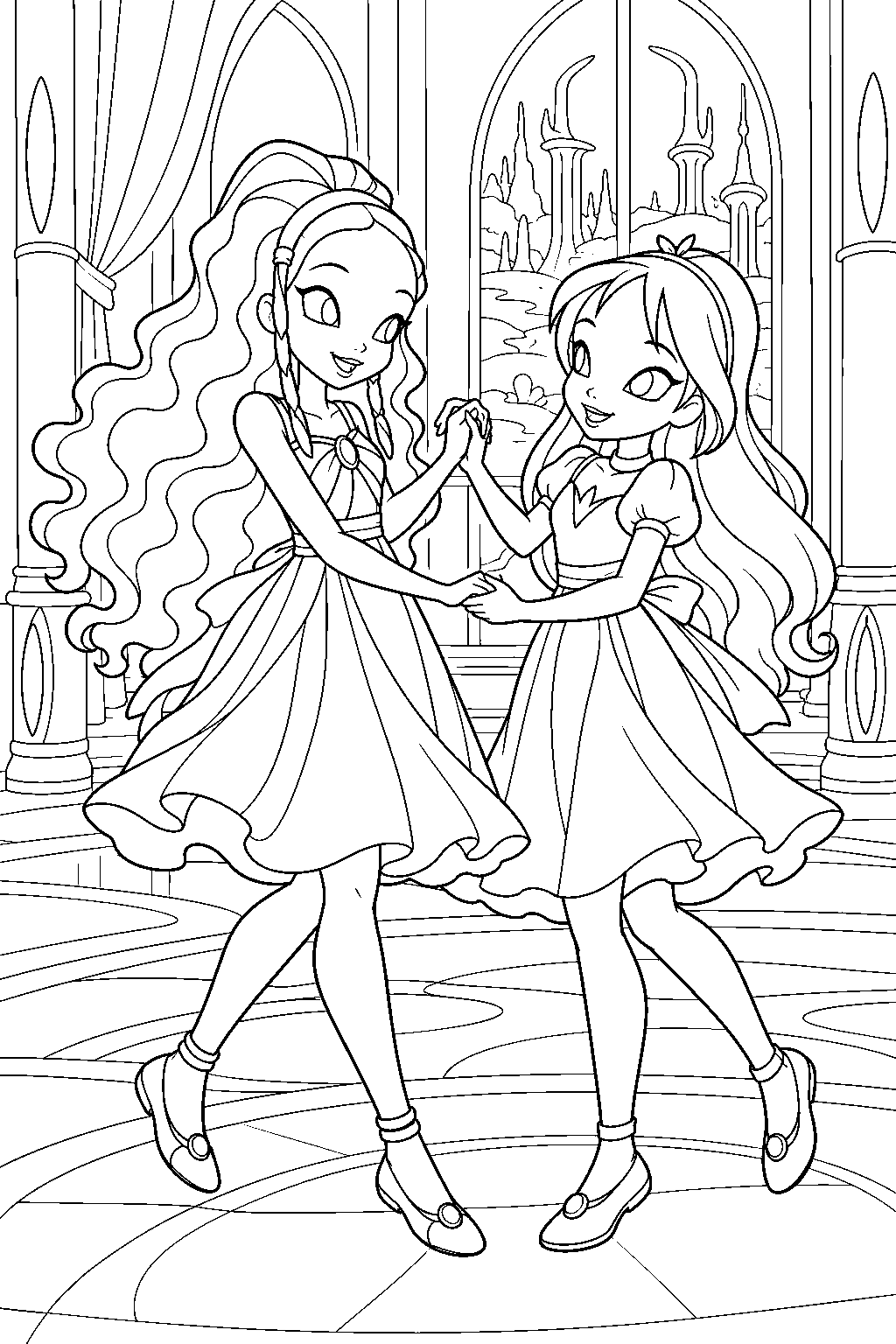 winx club aisha as a child dancing with anne in the andros palace line art