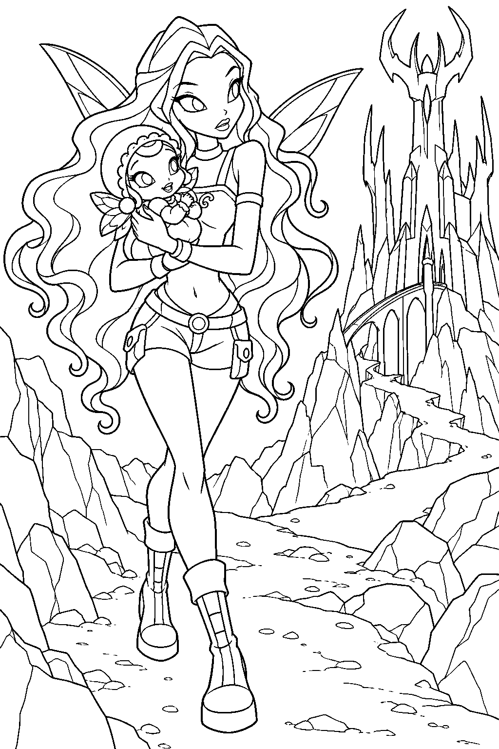winx club aisha carrying baby piff away from lord darkar s fortress line art