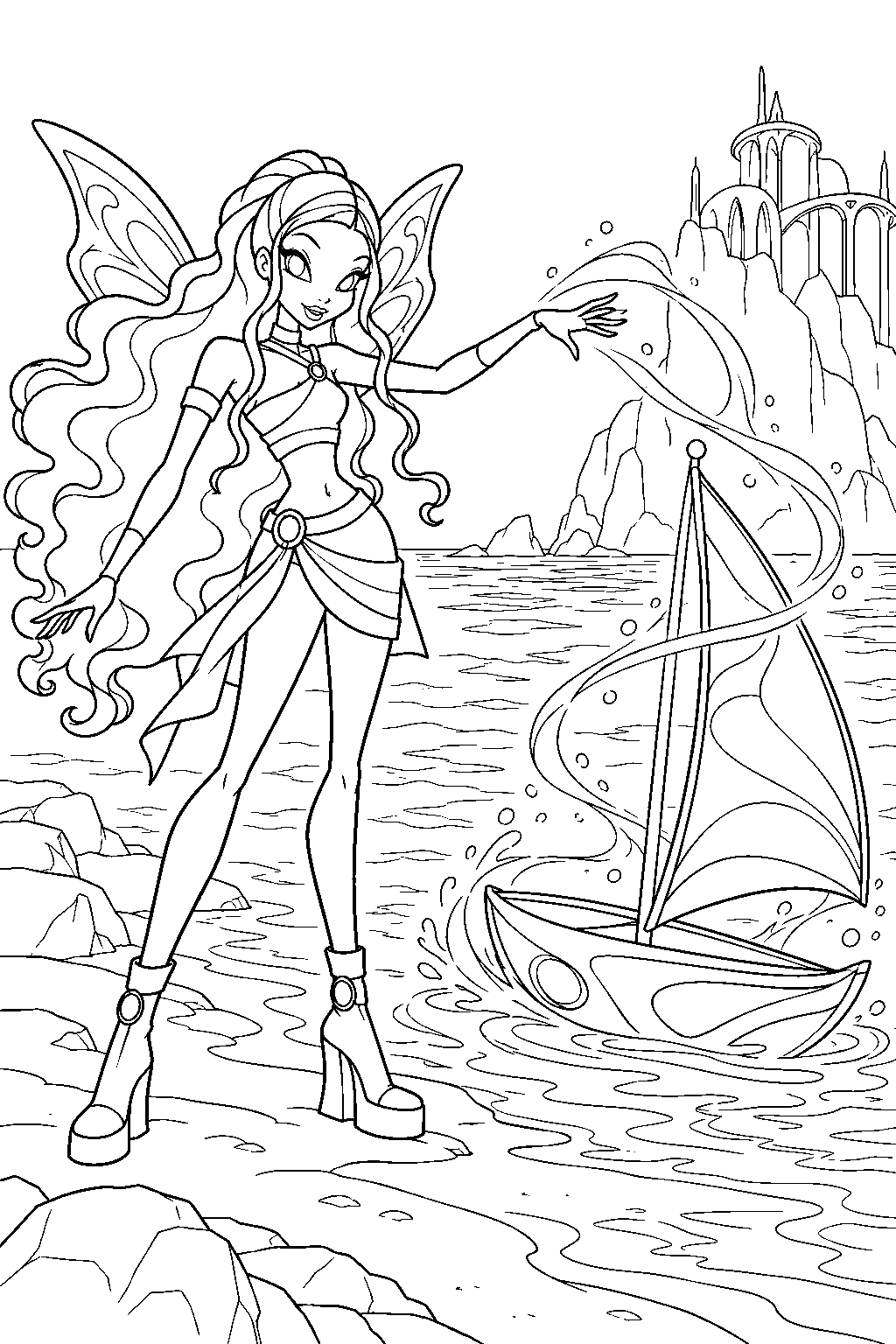 winx club aisha creating a morphix sailboat for a race on the calavera sea line art