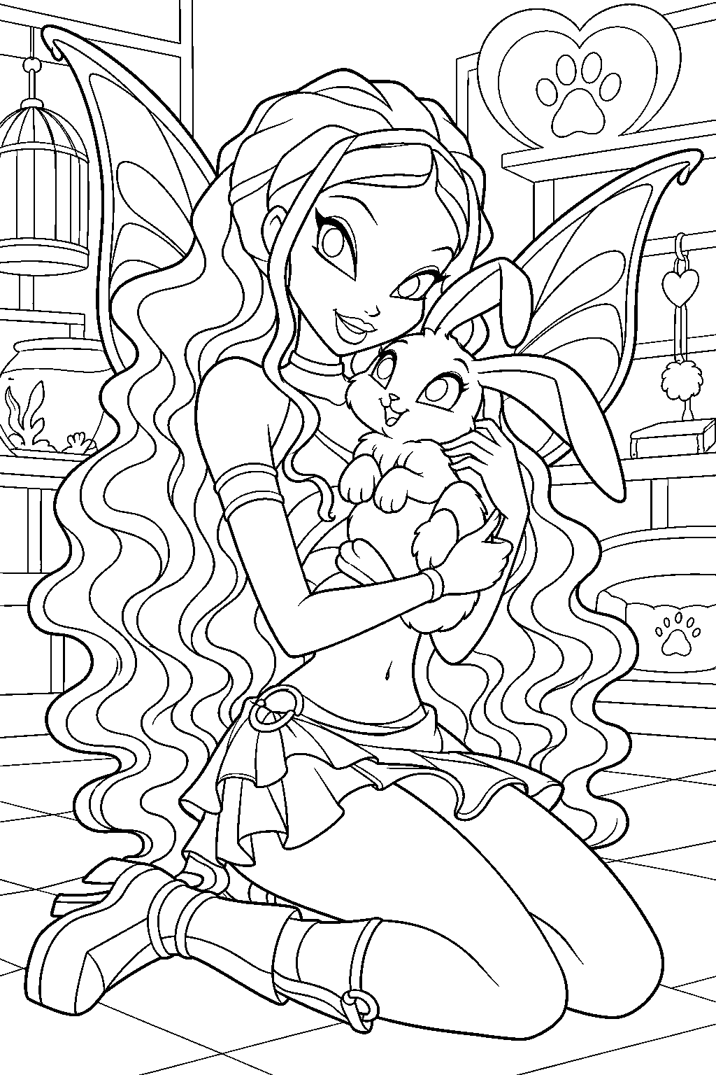 winx club aisha cuddling her fairy pet rabbit milly at love and pet line art