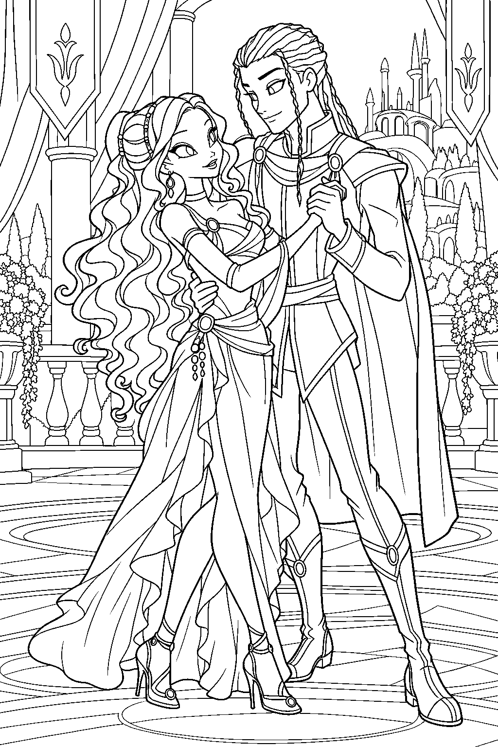 winx club aisha dancing with nabu at the royal celebration in domino line art