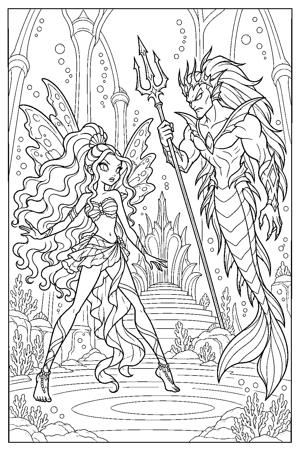 winx club aisha facing tritannus at the emperor s throne in the infinite ocean line art
