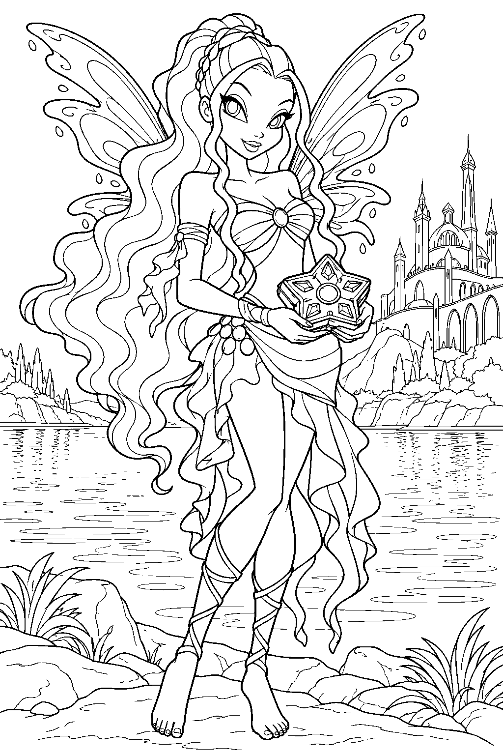 winx club aisha holding her star shaped sirenix box beside lake roccalucce line art