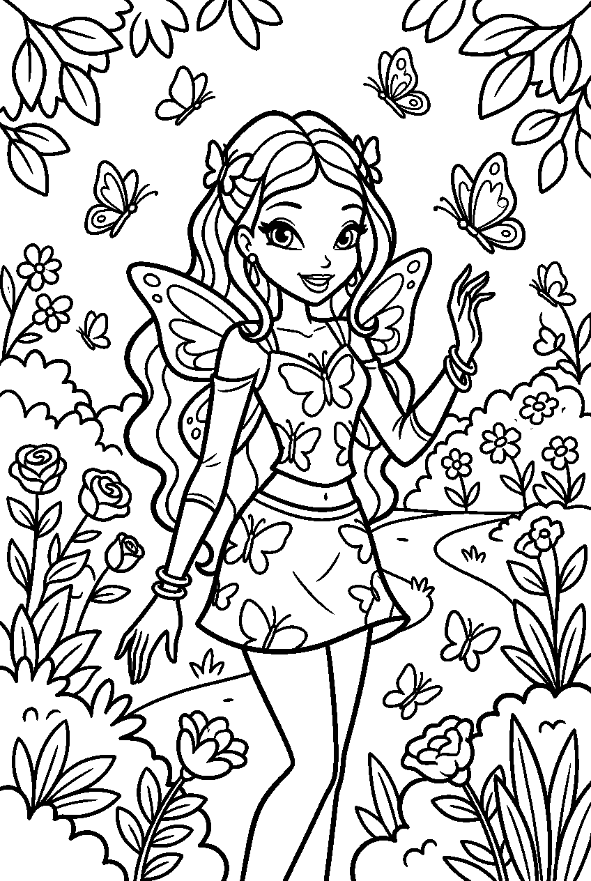 winx club aisha in butterfly garden line art