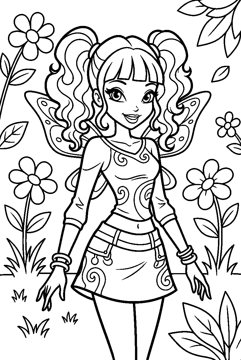 winx club aisha in flower garden line art