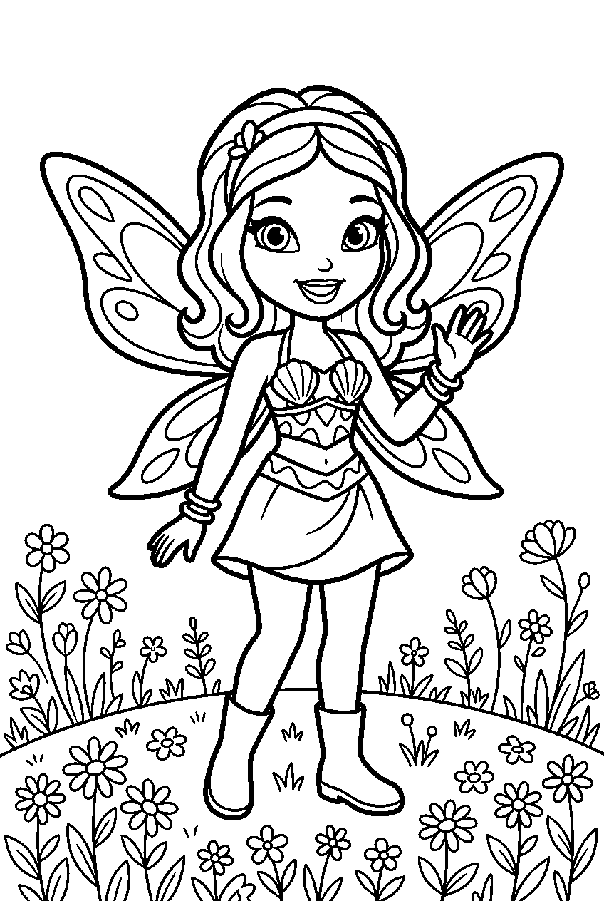winx club aisha in flower meadow line art