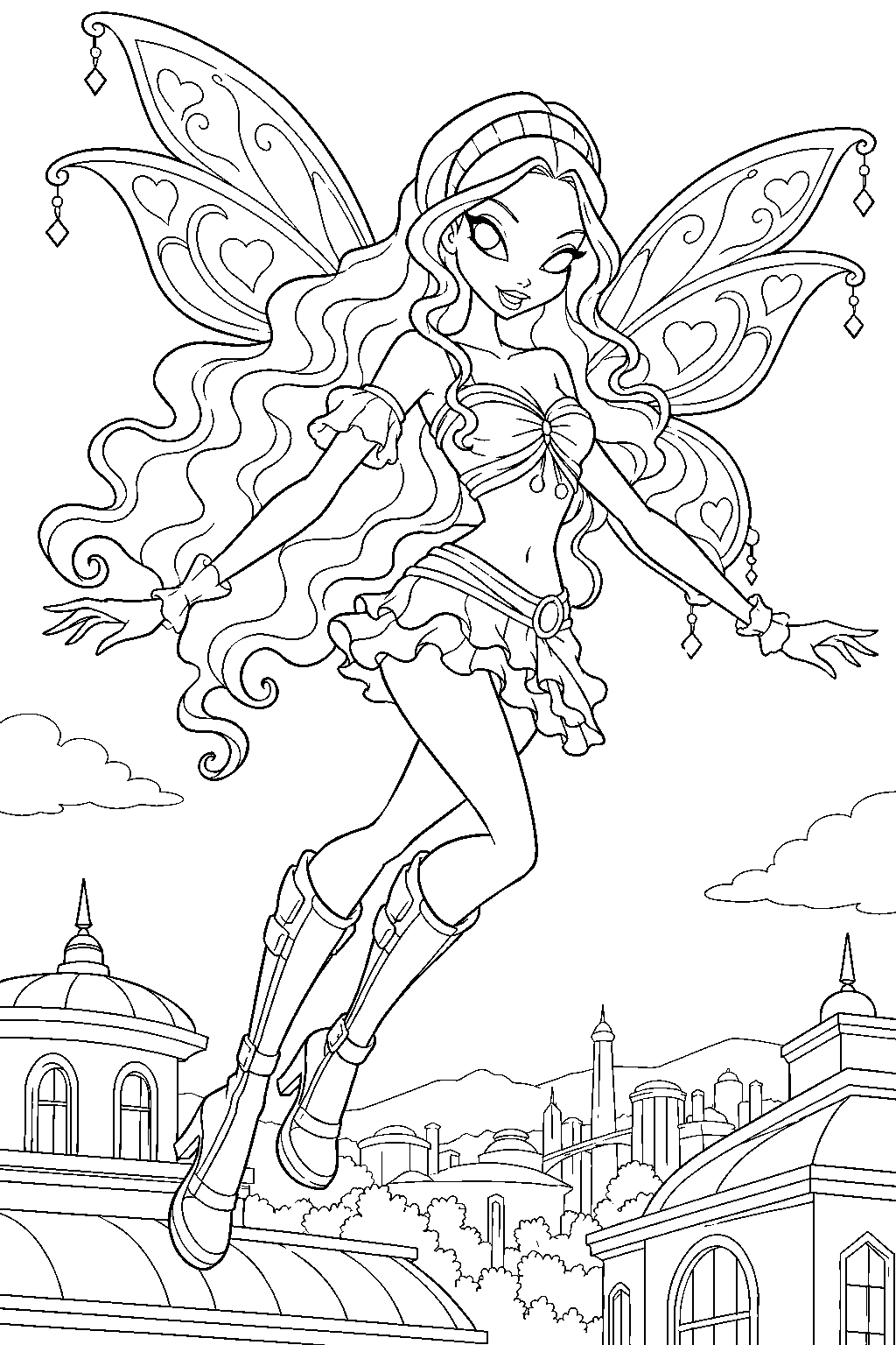 winx club aisha in her believix outfit flying above the rooftops of gardenia line art