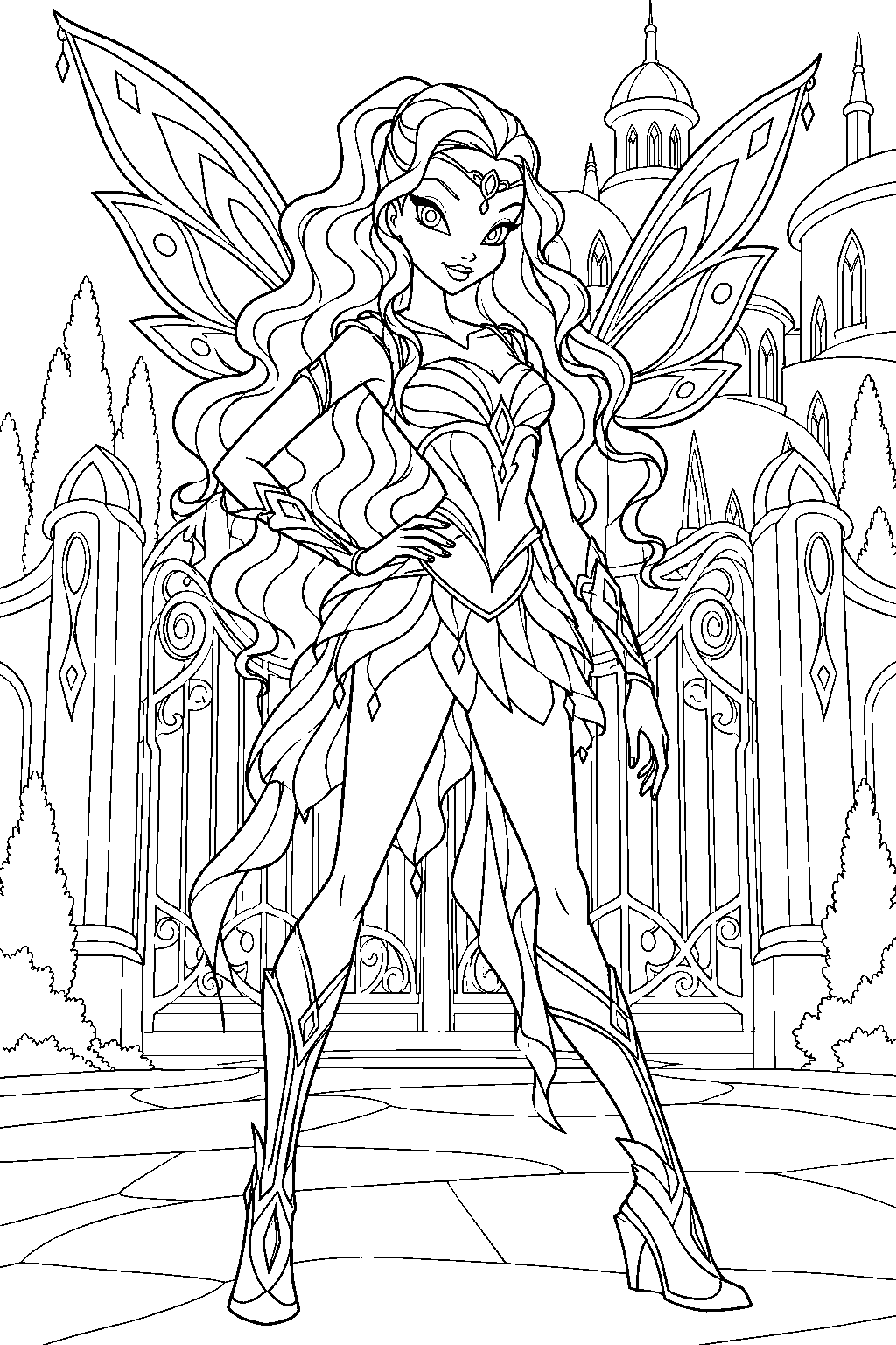 winx club aisha in her bloomix outfit guarding the gates of alfea line art