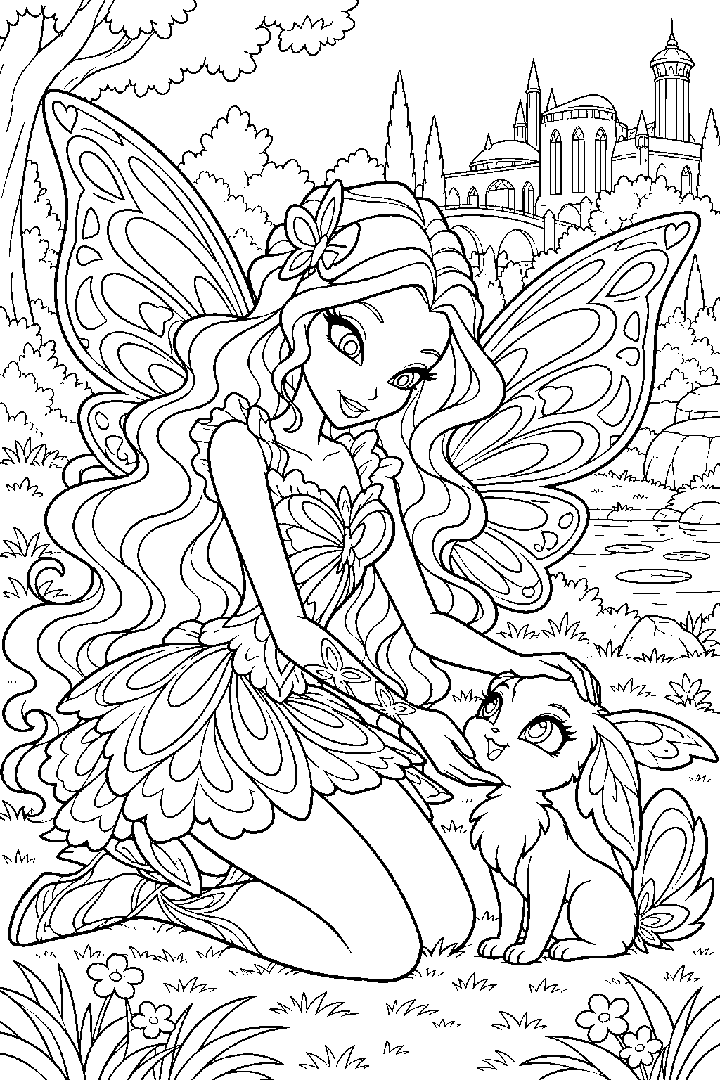 winx club aisha in her butterflix outfit caring for fairy animals at the alfea natural park line art