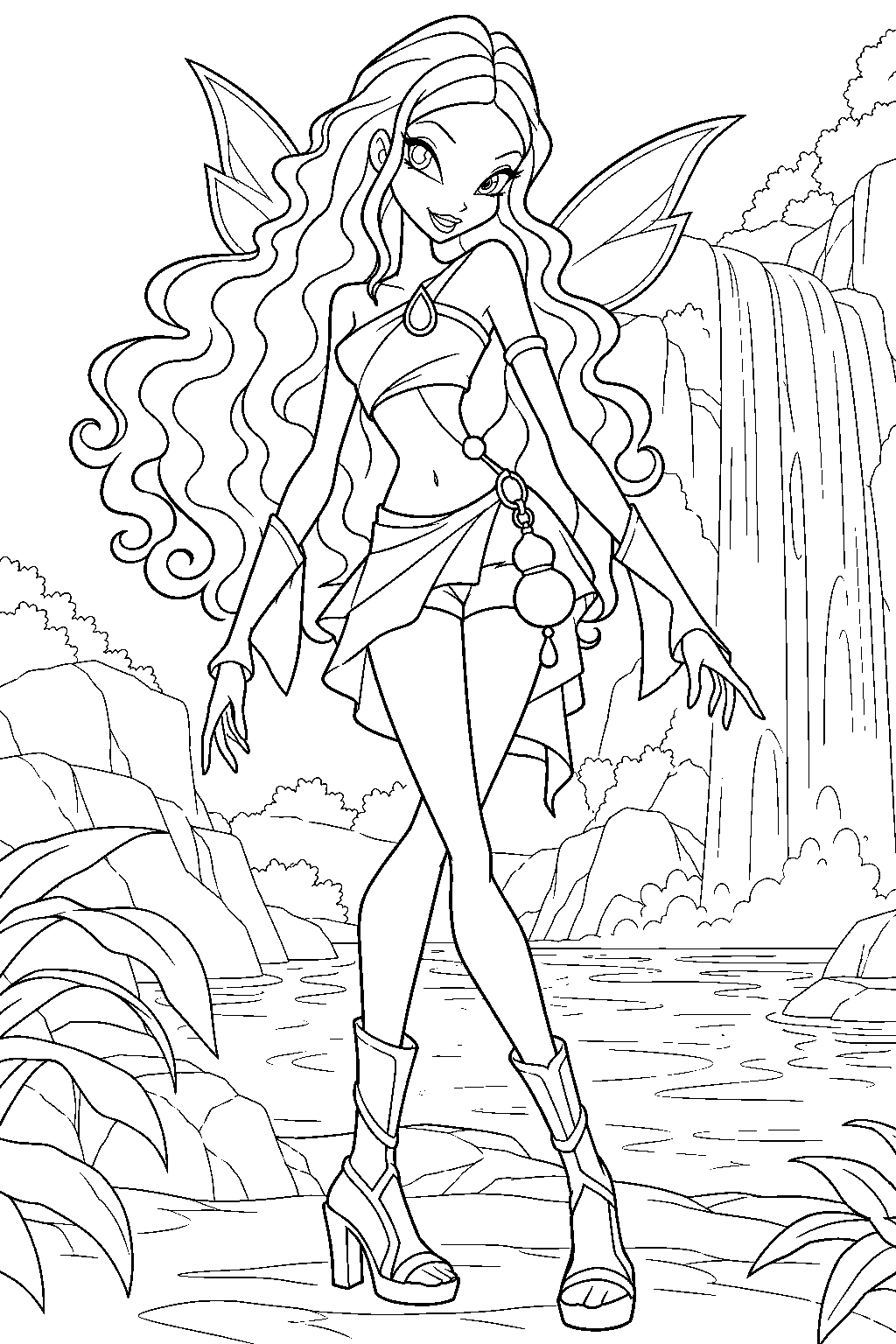 winx club aisha in her charmix outfit with the raindrop brooch and gourd shaped pouch line art