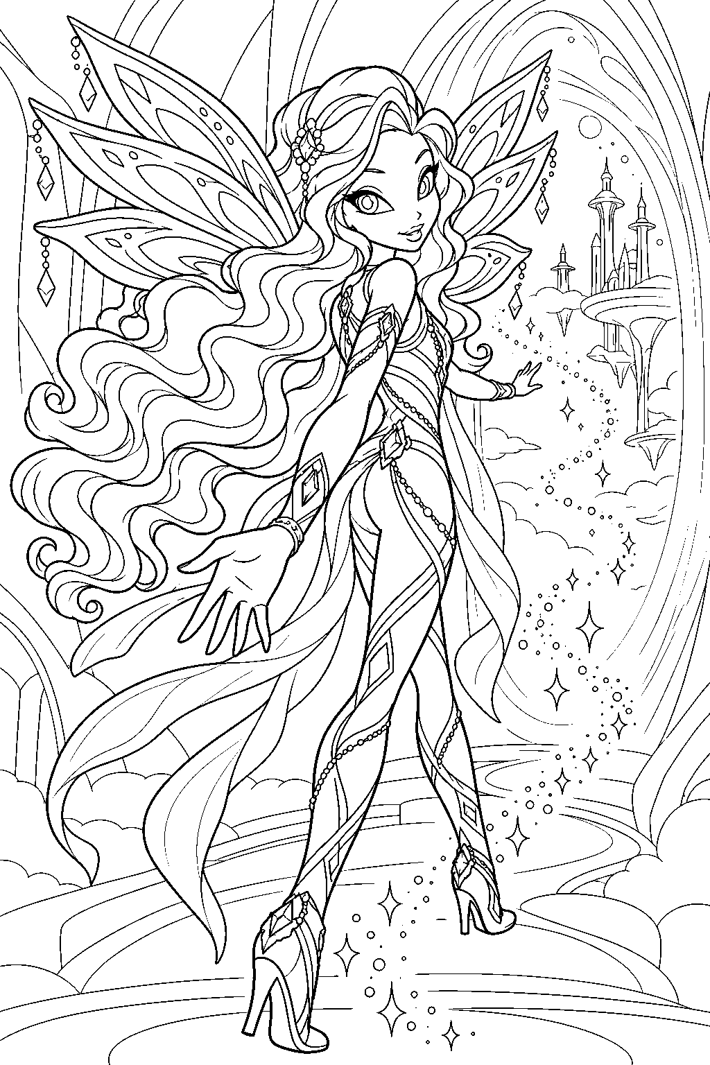 winx club aisha in her dreamix outfit following a trail of dream magic line art