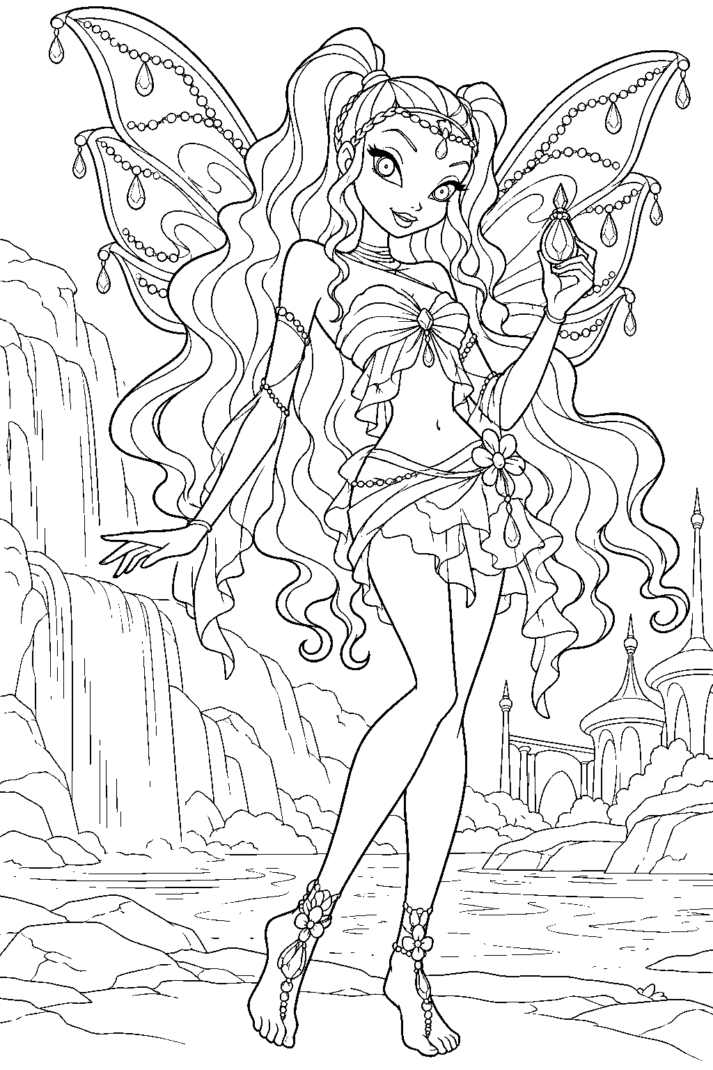 winx club aisha in her enchantix outfit holding her water drop fairy dust vial line art