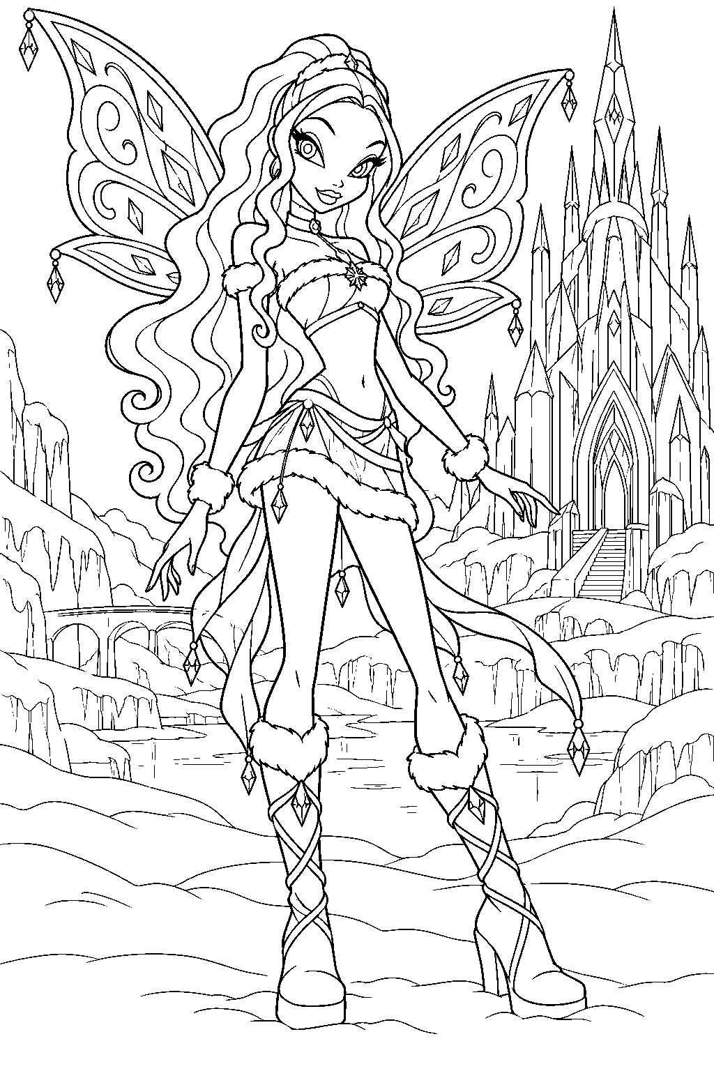 winx club aisha in her lovix outfit outside aurora s ice palace line art